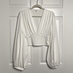 Win Win Crop White Blouse Top Large Balloon Sleeves V Neck shirt